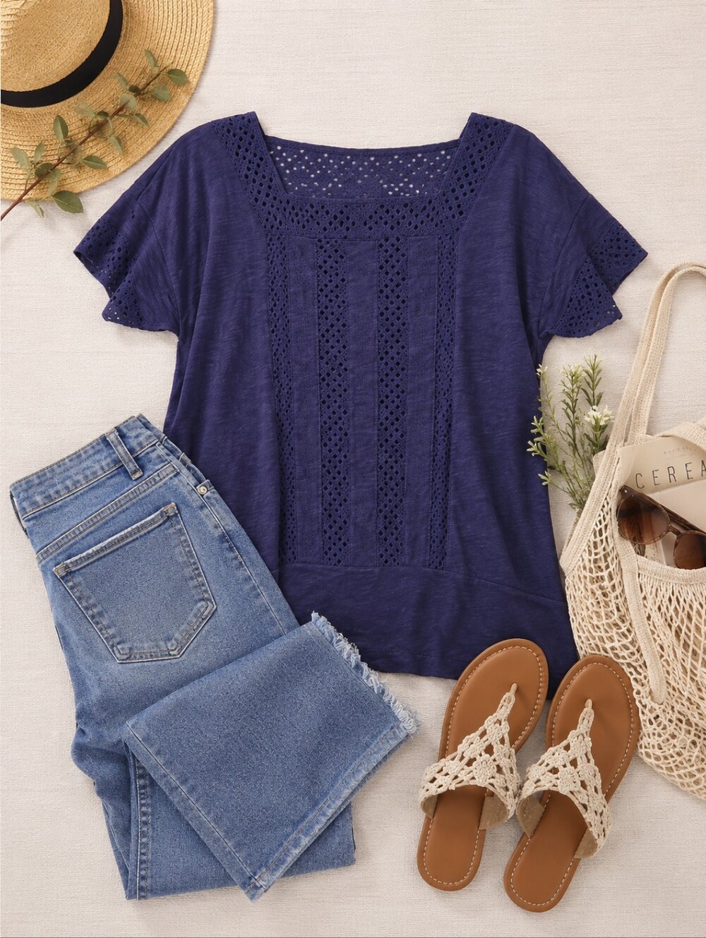 Madewell Boho Crochet Top Women’s Navy Blue Short Sleeve Blouse Casual Festival